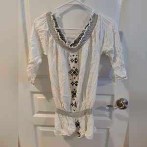 White and Black Embroidery Gems Round Neck Off Shoulder Cinched Waist Blouse